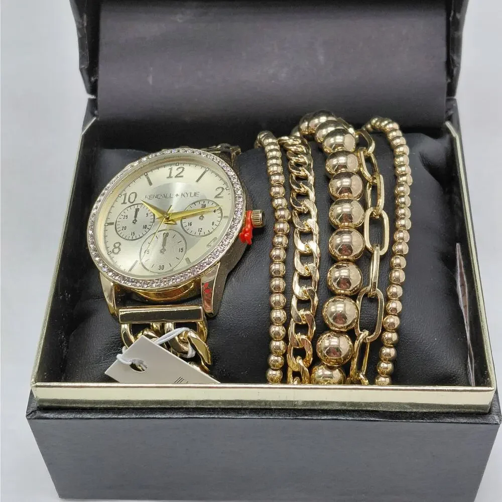 Kendall + Kylie Womens Gold Tone Watch Bracelet Set Crystal Bezel Gift Jewelry